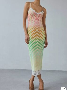 AFRM Pink Green Gradient Checkerboard Maxi Dress with Lace Trim